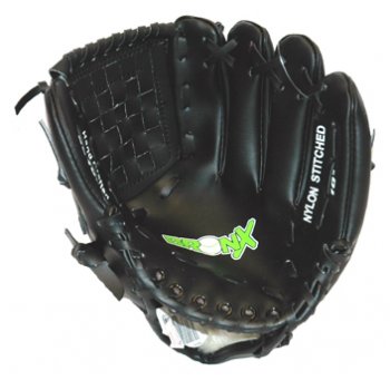 The Bronx Baseball Glove - 10" is a black junior glove featuring visible stitching, "ONYX" in green and white on the palm, and "NYLON STITCHED" on one finger, highlighting Bronx’s quality craftsmanship.