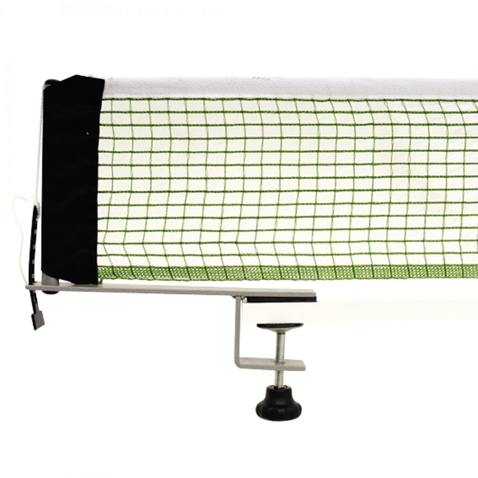 A close-up of the Butterfly Long Life Net and Post by Butterfly, featuring a durable nylon net with a white and green grid pattern, black trim on one side, and a strong steel clamp for secure table attachment.