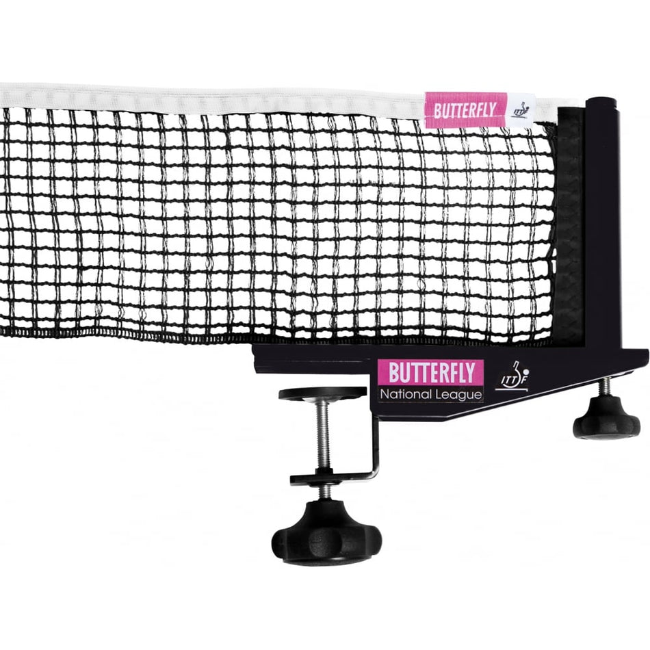Close-up of the Butterfly National League Net and Post by Butterfly, featuring a black and white design. ITTF approved, this match-quality set offers excellent table protection for competitive play.