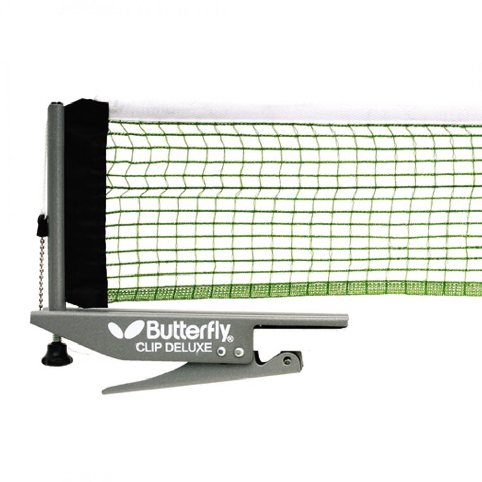 A close-up of the Butterfly Clip Deluxe Net and Post by Butterfly, showing the sturdy table clamp and metal post securing the green-bordered net firmly to the table.