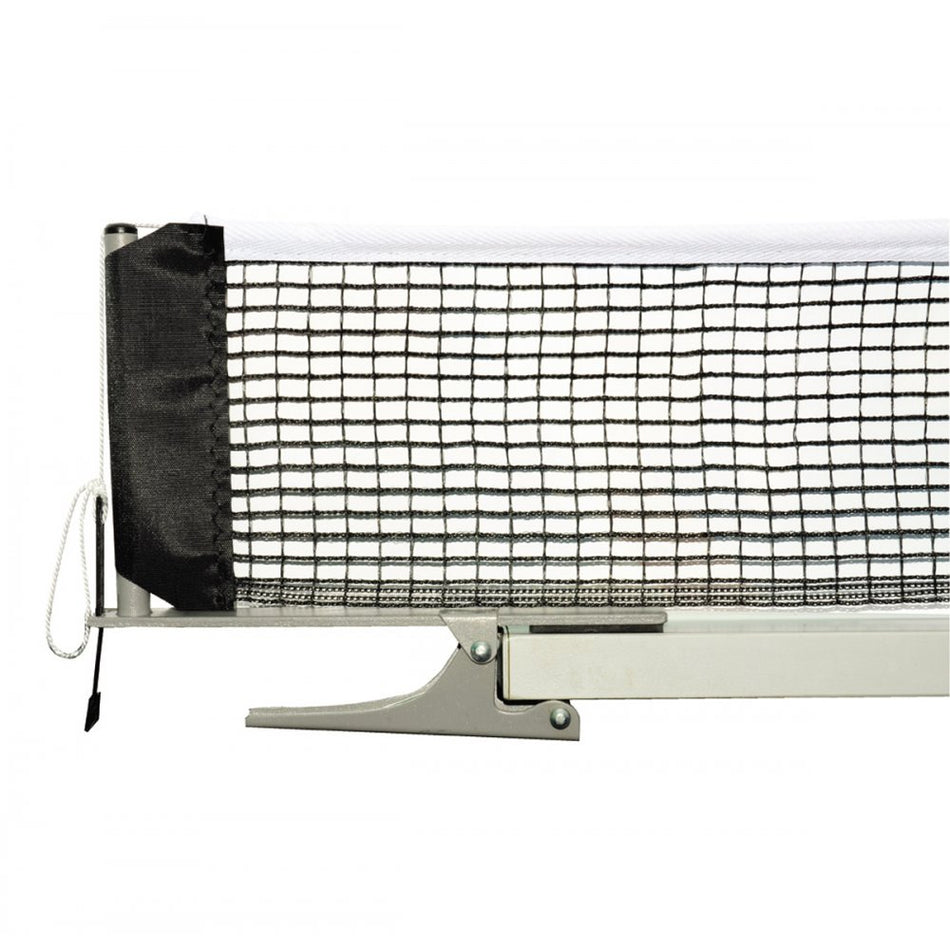 Close-up of the Butterfly Economy Clip Net & Post Set by Butterfly, showing the table tennis net’s black edge, white cord, and a visible part of the clamp at the bottom.