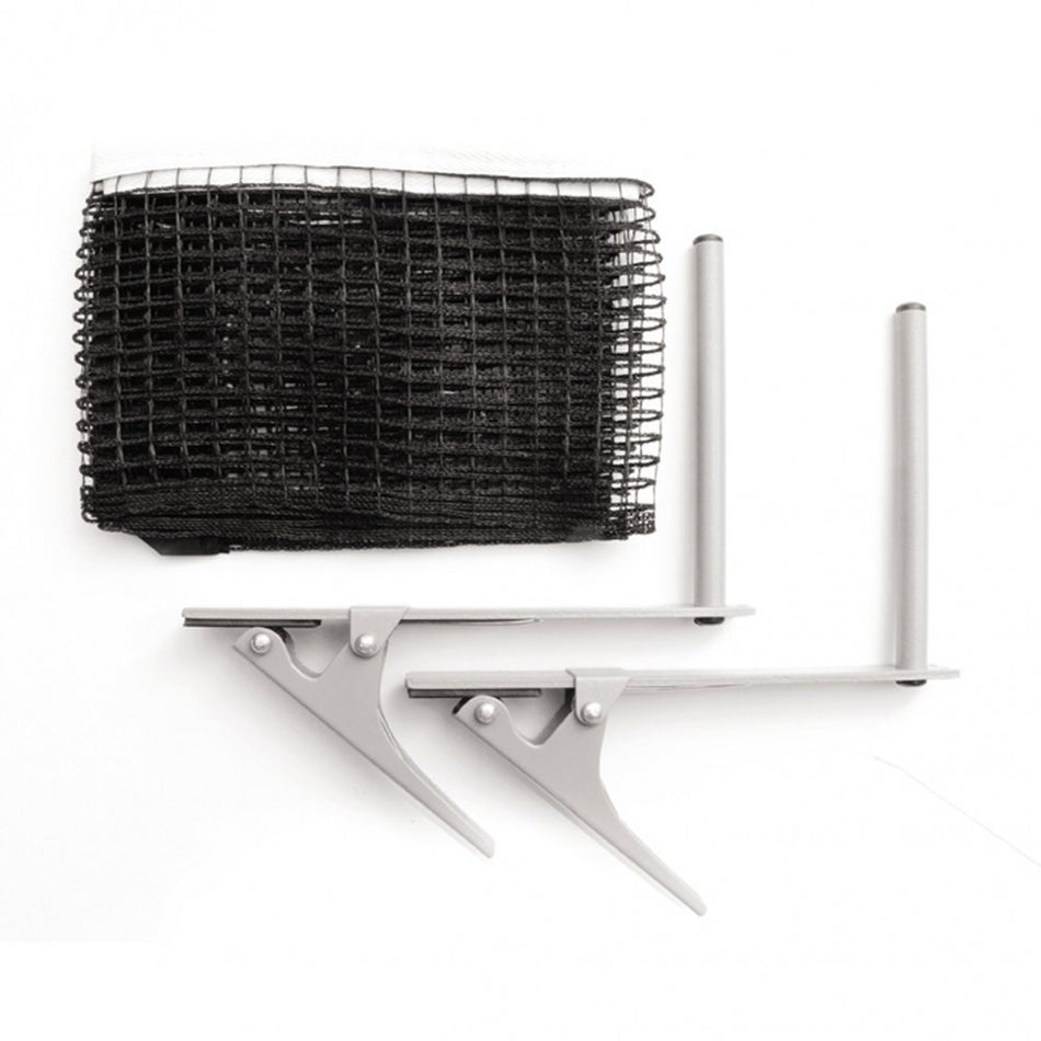 The Butterfly Economy Clip Net & Post Set by Butterfly features a folded black mesh net and two silver clamps with upright poles, shown on a white background—perfect for a portable table tennis setup.