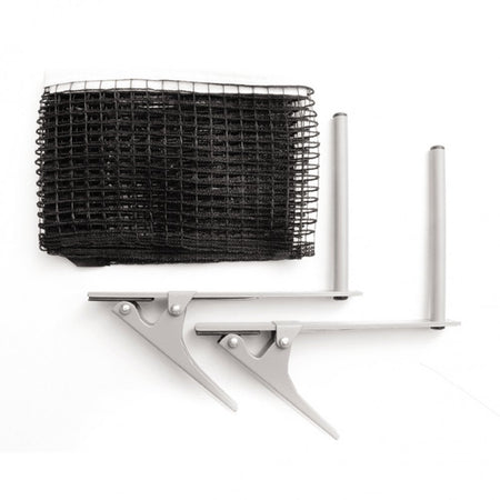 A rolled-up black Butterfly Competition Clip Net & Post Set by Butterfly, with two silver metal clamp posts, viewed from above on a white background; designed for easy attachment to any table tennis table.