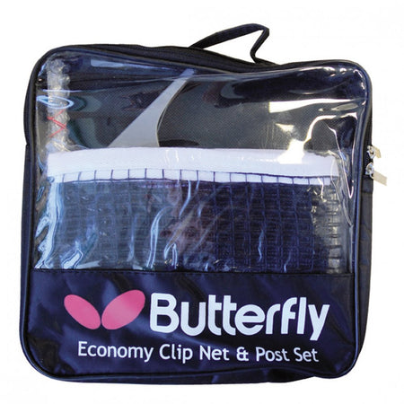 The Butterfly Competition Clip Net & Post Set comes in a black and clear zippered case with a pink Butterfly logo on the front, including a table tennis net and posts.