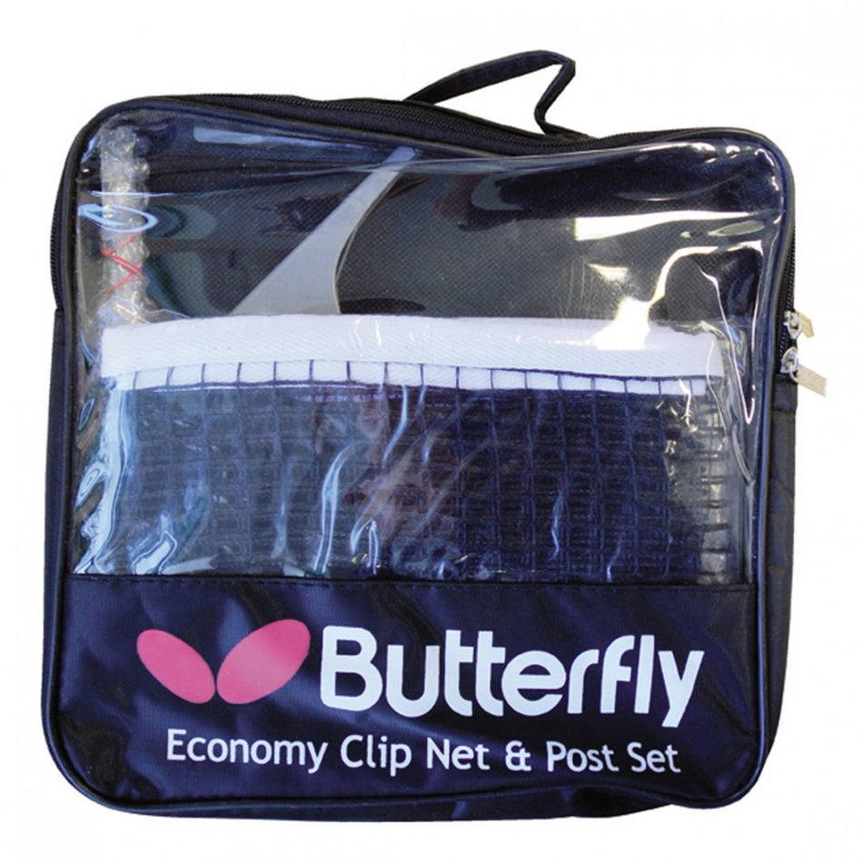 The Butterfly Competition Clip Net & Post Set comes in a black and clear zippered case with a pink Butterfly logo on the front, including a table tennis net and posts.