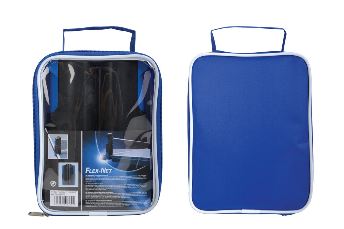 Two blue Sure Shot carrying cases with white trim and handles are shown. The left shows a clear front revealing a packaged Sure Shot Matthew Syed Flex Net, while the right displays the solid blue back.
