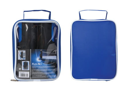 Two blue Sure Shot carrying cases with white trim and handles are shown. The left shows a clear front revealing a packaged Sure Shot Matthew Syed Flex Net, while the right displays the solid blue back.