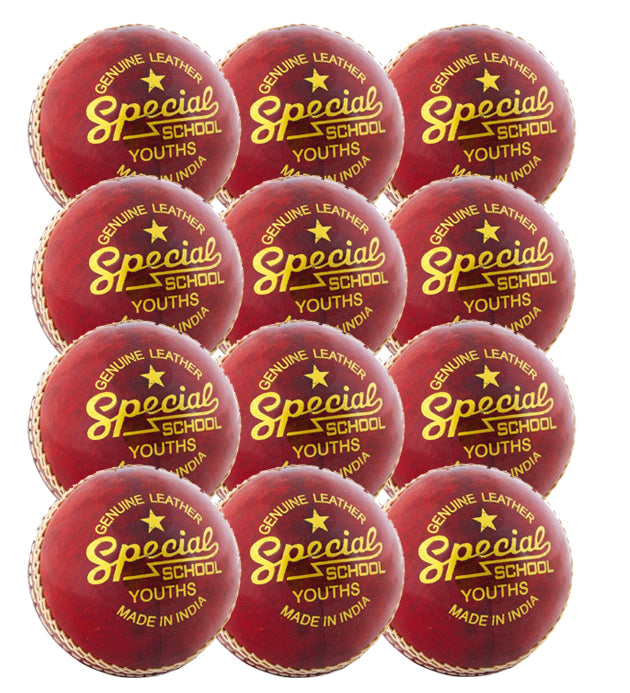 The Readers Special School Cricket Ball - Twelve Pack by Readers features twelve red genuine leather balls printed with "Special School Youths, Genuine Leather, Made in India" in yellow, arranged compactly—ideal for youth cricket.
