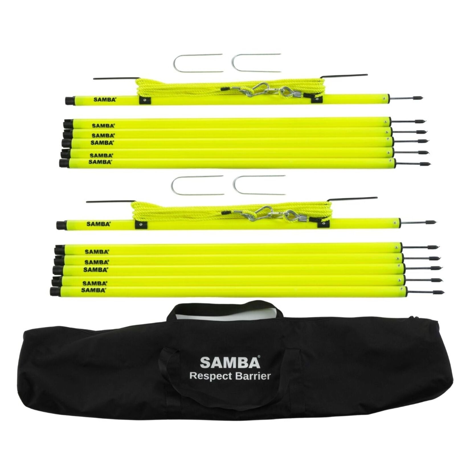 The Samba Sports Elite Respect Crowd Barrier - 120m includes yellow poles, hooks, rope for crowd control, and a black carrying bag labeled "Samba Respect Barrier," all made in the UK.