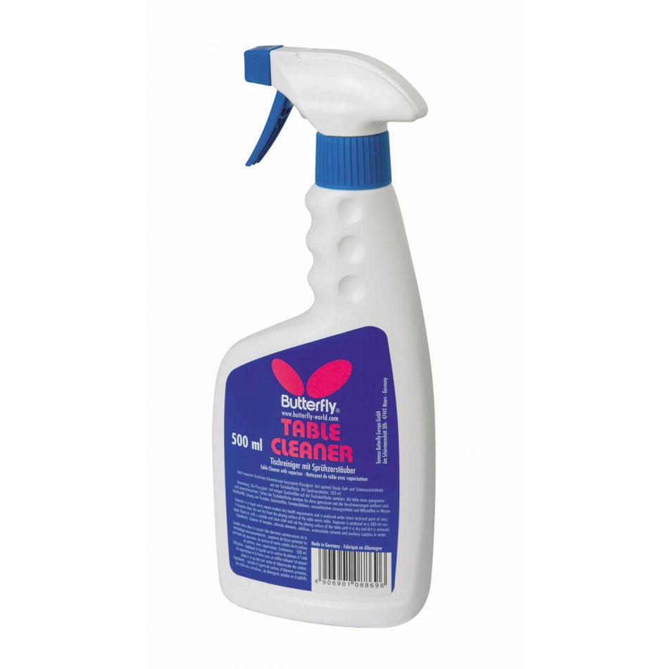 The Butterfly Table Cleaner is a 500 ml white spray bottle with a blue nozzle and blue-purple label, ideal for cleaning playing surfaces and keeping your tables spotless.