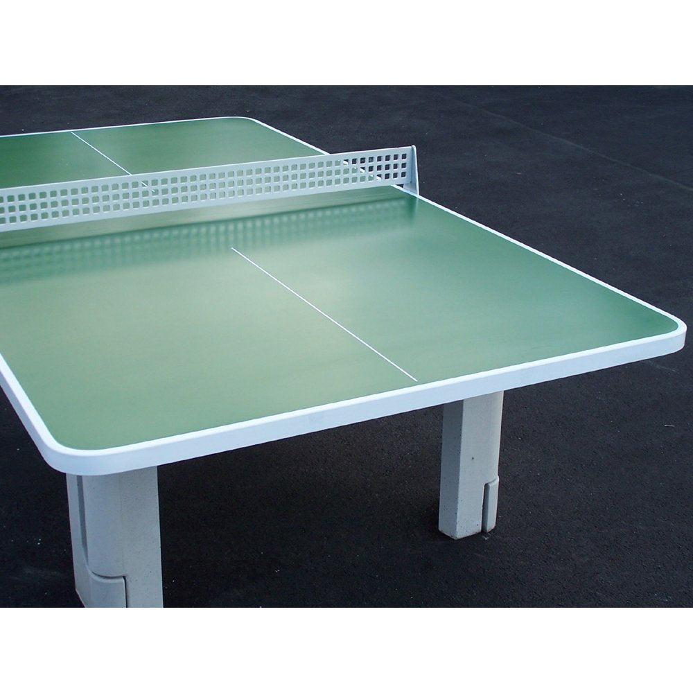 The Butterfly B2000 Standard Concrete Square - Rounded Corners Table features a green surface with a white dividing line, white border, and metal net. Crafted from durable polymer concrete, it’s built for lasting outdoor play on any solid surface.