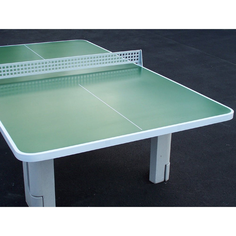 The Butterfly B2000 Standard Concrete Square - Rounded Corners Table features a green surface with a white dividing line, white border, and metal net. Crafted from durable polymer concrete, it’s built for lasting outdoor play on any solid surface.