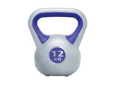 The Urban Fitness Vinyl Kettlebell, in grey and purple with a large handle and 12 KG label, is ideal for core stability and functional strength. Isolated on a white background. Brand: Urban Fitness.
