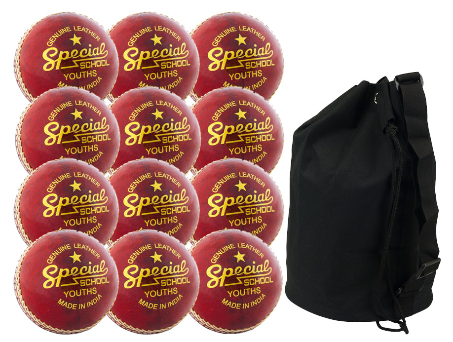 Twelve Readers Special School Cricket Balls are grouped next to a large black drawstring bag, included in the Readers Special School Cricket Ball - Twelve Pack & Ball Bag set.