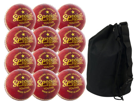Twelve Readers Special School Cricket Balls are grouped next to a large black drawstring bag, included in the Readers Special School Cricket Ball - Twelve Pack & Ball Bag set.