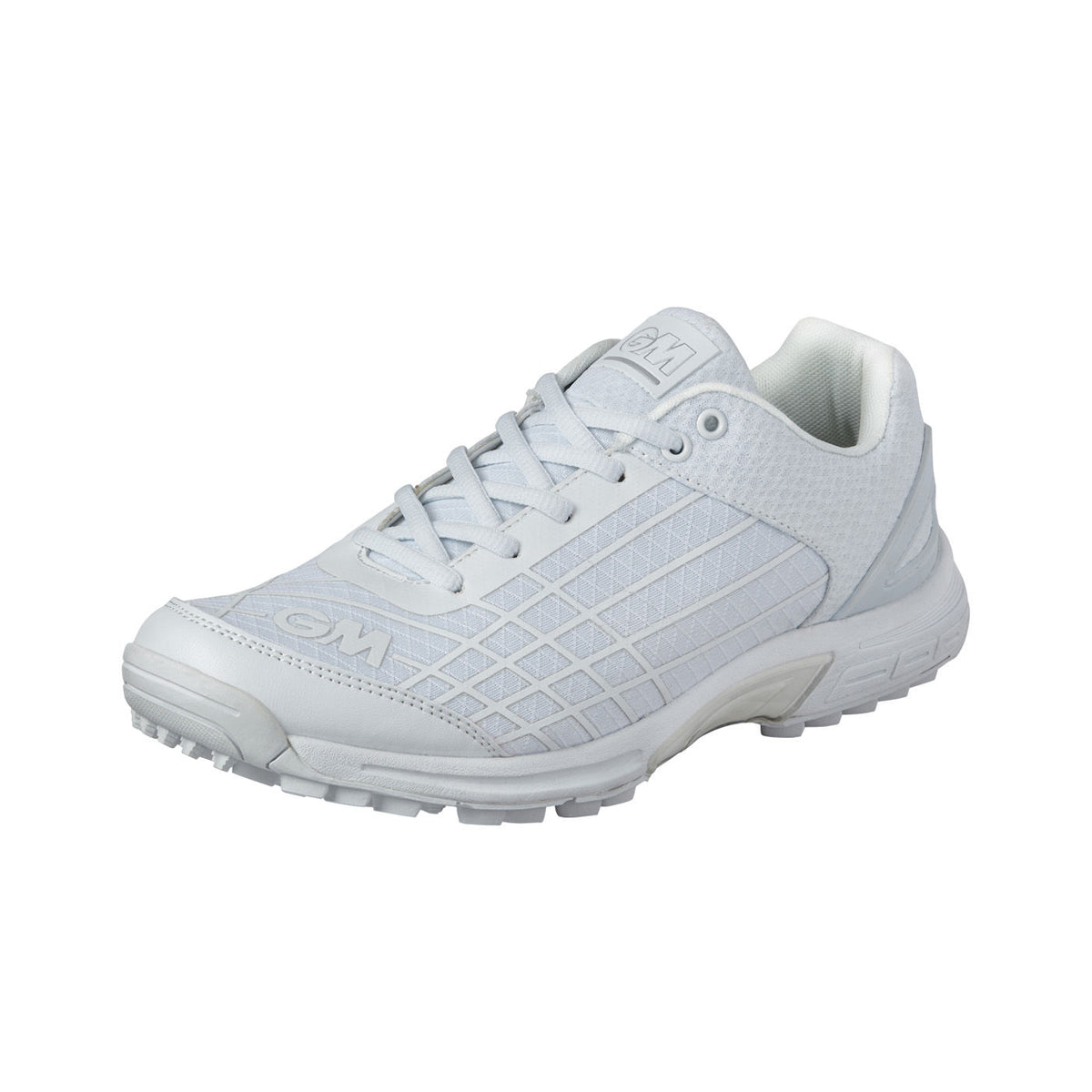 The Gunn & Moore Icon All Rounder Junior cricket shoe by Gunn & Moore features a textured sole, lace-up front, and subtle geometric side pattern for arch support and comfort, displayed against a plain white background.