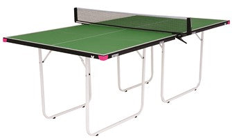 The Butterfly Junior Compact Table Tennis Table by Butterfly is a green, foldable ¾ size table with white metal legs and a black net—perfect for saving space.