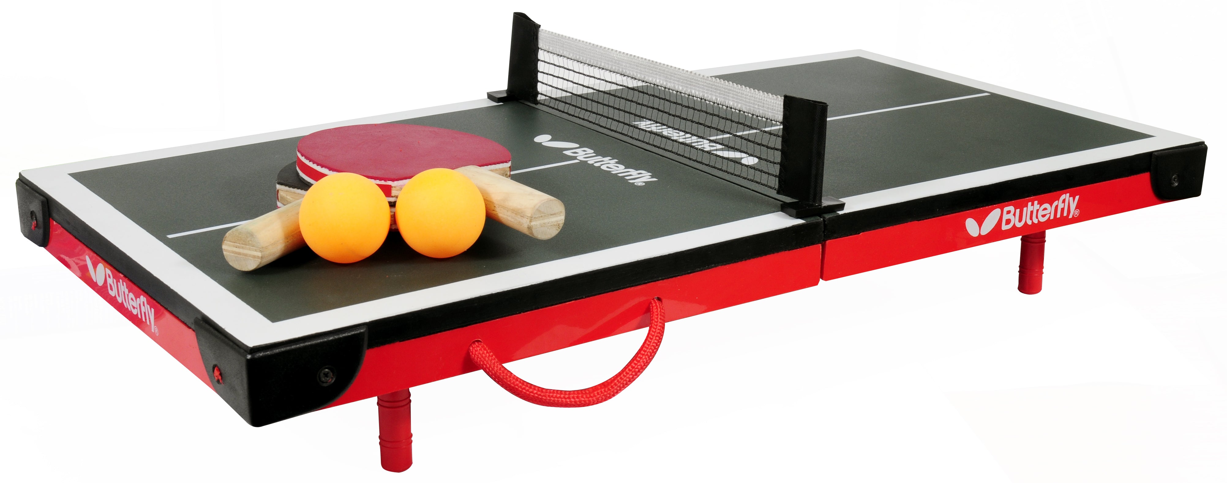 The Butterfly Mini Table Tennis Table set includes a black and red frame, a net, two wooden paddles with red rubber, and two orange balls. The Butterfly brand name is visible on the table.