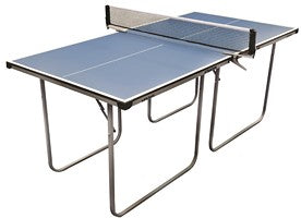 The Butterfly Starter Table Tennis Table by Butterfly is a blue, compact table with sturdy metal legs and comes set up with a central net, ready for play.