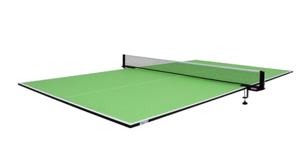 The Butterfly 9x5 Full Size Table Top Tennis Table by Butterfly features a green folding surface with a white border and centerline, plus a black net in the center, shown isolated on a white background.