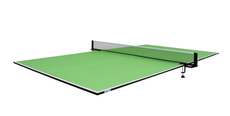 The Butterfly 9x5 Full Size Table Top Tennis Table by Butterfly features a green folding surface with a white border and centerline, plus a black net in the center, shown isolated on a white background.