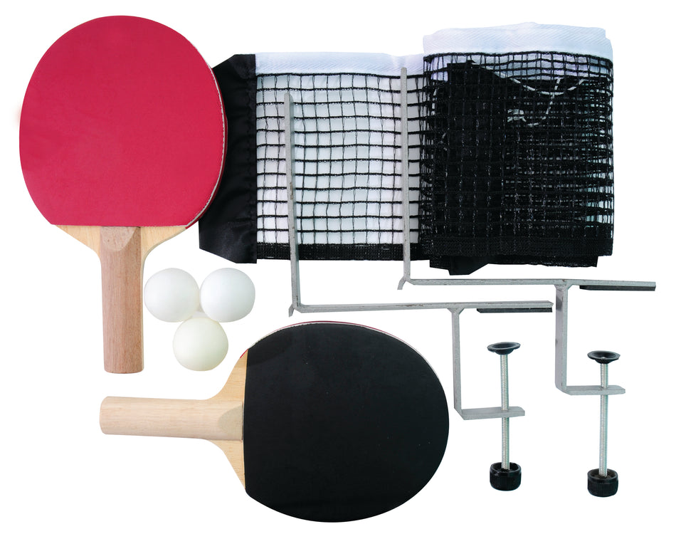 The Butterfly 9x5 Full Size Table Top Tennis Table by Butterfly includes two paddles, three white balls, a black and white net, and metal net posts—everything you need to start playing—all shown on a white background.