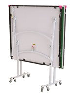 The Butterfly Junior Rollaway Table Tennis Table by Butterfly features white metal legs and four caster wheels, shown upright for easy storage or transport.