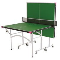 The Butterfly Junior Rollaway Table Tennis Table by Butterfly is a green, compact table with a black net, white frame, and wheels; one half folds upright for solo play.