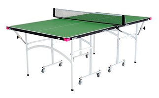 The Butterfly Junior Rollaway Table Tennis Table by Butterfly features a green surface with black edges, white lines, a central net, and metal legs with wheels—ideal as a compact ping pong table for smaller spaces.