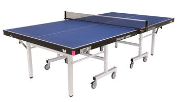 The Butterfly National League 25 Rollaway Table Tennis Table by Butterfly features a 25mm blue top, black net, white legs, and wheels for easy movement. Arrives set up and ready for play.