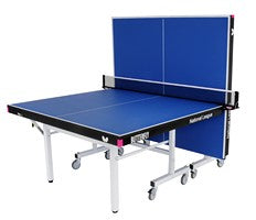 The Butterfly National League 25 Rollaway Table Tennis Table features a 25mm match top, white legs with wheels, includes a net, and can be half-folded upright for solo play.