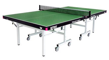 The Butterfly National League 25 Rollaway Table Tennis Table features a green 25mm top, center net, sturdy white metal legs with wheels, and signature Butterfly branding on the side.