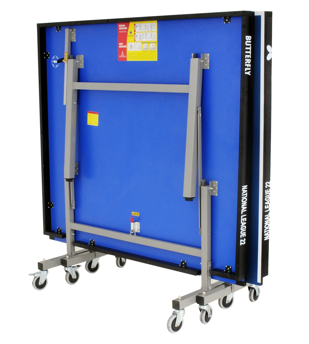 The Butterfly National League 22 Rollaway Table Tennis Table in blue, featuring a 22mm match top and caster wheels, is shown folded vertically for storage.