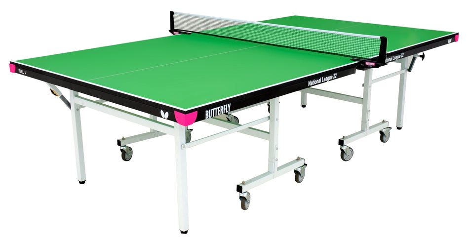 The Butterfly National League 22 Rollaway Table Tennis Table features a green 22mm top, white net, black edges, and wheeled metal legs. This Butterfly-branded table is ready for play.