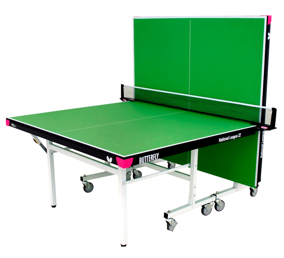 The Butterfly National League 22 Rollaway Table Tennis Table features a 22mm match top, net, white metal legs with wheels, and allows solo practice by folding one half upright. "National League 22" text is displayed on the table.