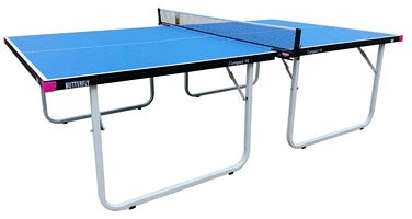 The Butterfly Compact 19 Wheelaway Table Tennis Table by Butterfly features a blue surface, folds in half for solo practice, and is designed for indoor use.