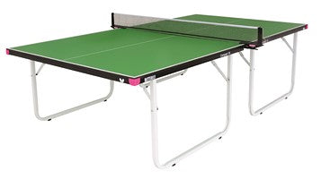 The Butterfly Compact 19 Wheelaway Table Tennis Table in green features white markings, a net, and foldable white metal legs—perfectly set up for indoor play.