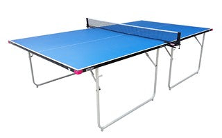 The Butterfly Compact 16 Wheelaway Table Tennis Table, in blue, features metal folding legs and a black net—an ideal compact table tennis table for home use.