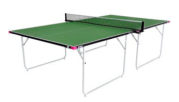 The Butterfly Compact 16 Wheelaway Table Tennis Table by Butterfly features a green surface, white boundary lines, black net, and foldable metal legs—perfect as a compact home table tennis solution, shown isolated on a white background.