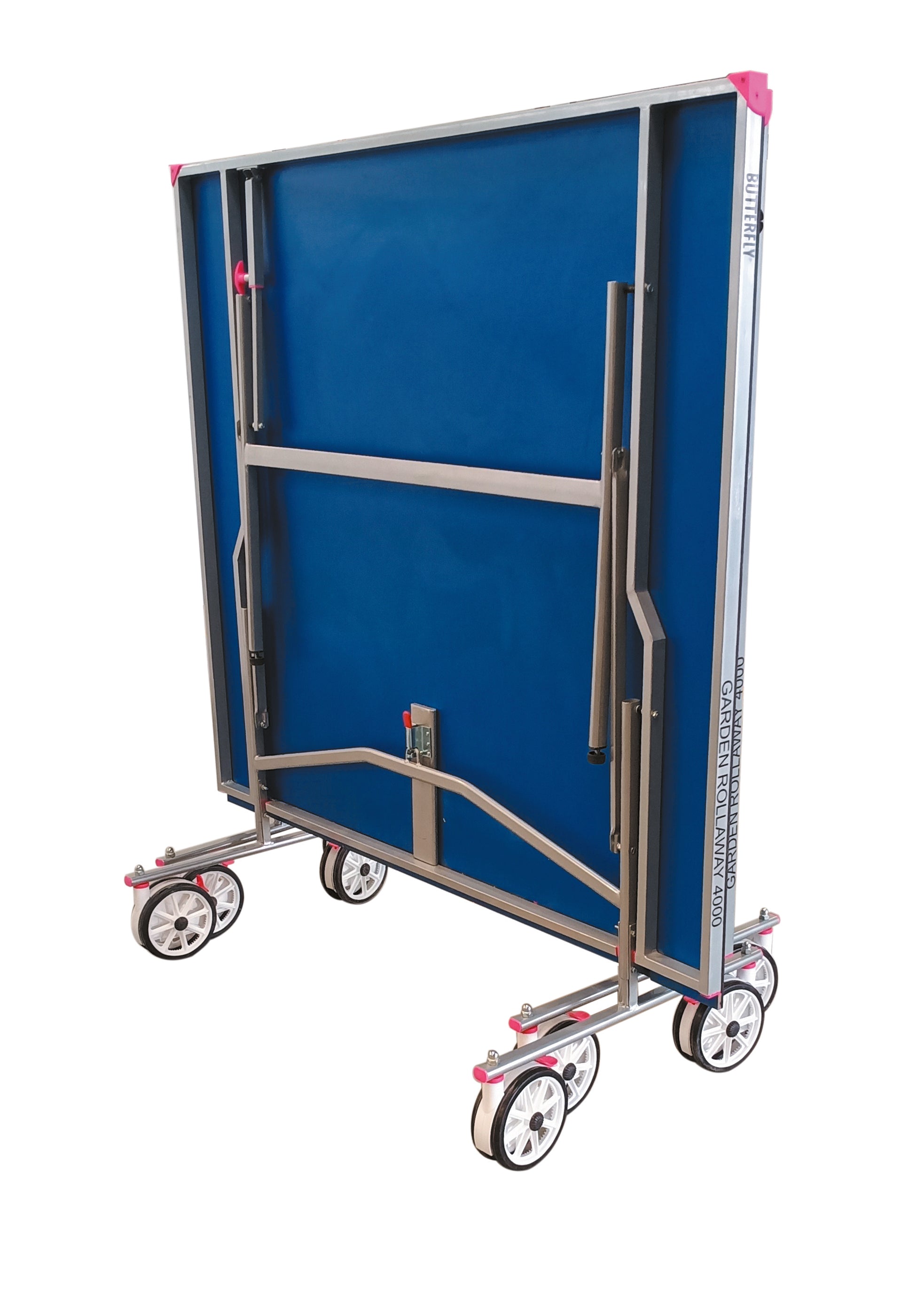 The Butterfly Garden Rollaway 4000 4mm Outdoor Table Tennis Table by Butterfly is a blue, foldable table with a sturdy metal frame, durable 4mm melamine top, six large white wheels for mobility, and visible pink corner protectors.