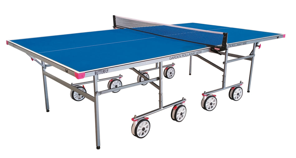 The Butterfly Garden Rollaway 4000 4mm Outdoor Table Tennis Table by Butterfly features a durable 4mm melamine top, sturdy metal frame, white and pink accents, central net, and eight large wheels for easy portability.