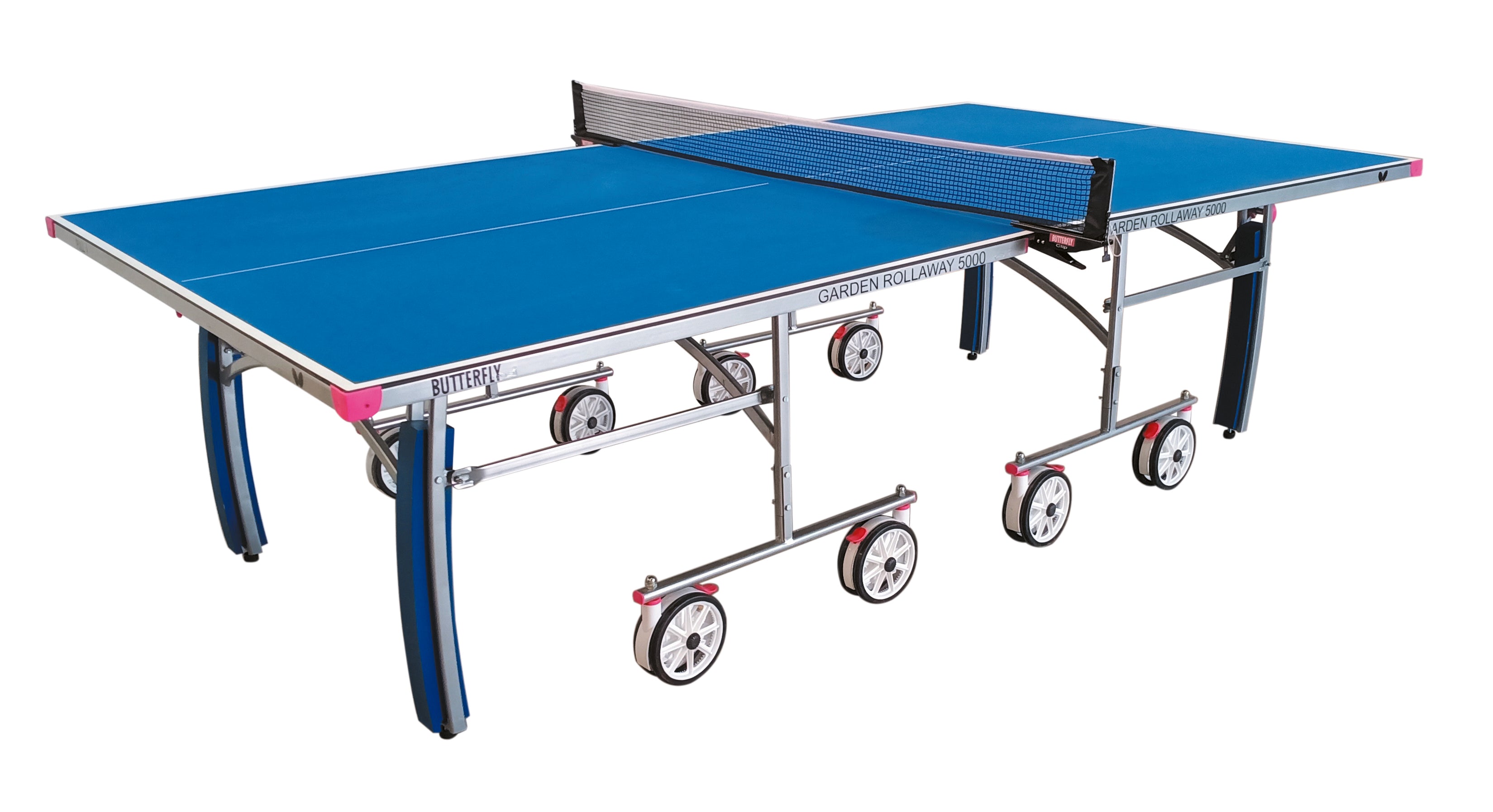 The Butterfly Garden Rollaway 5000 5mm Outdoor Table Tennis Table by Butterfly features a durable blue 5mm melamine surface, sturdy metal frame, and large wheels for easy transport—perfect for outdoor play.