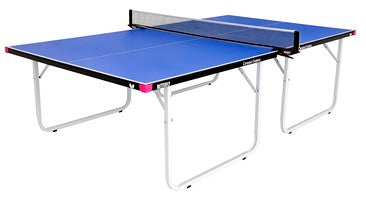 The Butterfly Compact Outdoor 10 Wheelaway Table Tennis Table in blue features a black Butterfly Outdoor net and post set, white foldable metal legs, and is displayed on a plain white background.