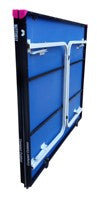 The Butterfly Compact Outdoor 10 Wheelaway Table Tennis Table, shown folded upright for storage with visible metal support frames and wheels, is compatible with a Butterfly Outdoor net and post set.