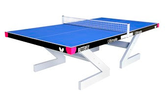 The Butterfly Ultimate Table Tennis Table is a modern blue outdoor table with white Z-shaped legs, a white net, and Butterfly branding on the sides. This weatherproof design suits any environment and is shown against a plain white background.