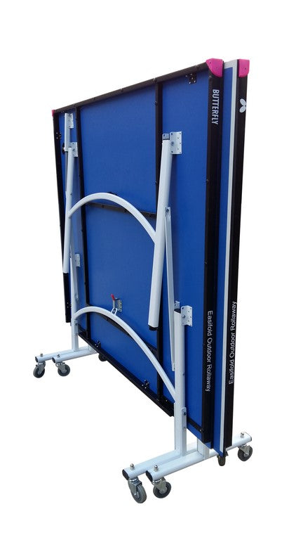 The Butterfly Easifold Outdoor Rollaway Table Tennis Table by Butterfly folds upright on wheels for easy storage and mobility.