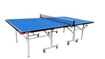 The Butterfly Easifold Outdoor Rollaway Table Tennis Table by Butterfly features a blue top, black net, silver metal legs, and wheels for easy movement, displayed against a plain white background.