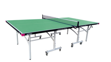 The Butterfly Easifold Outdoor Rollaway Table Tennis Table by Butterfly features a green surface and a white net, supported by a sturdy metal frame with wheels, shown against a white background.