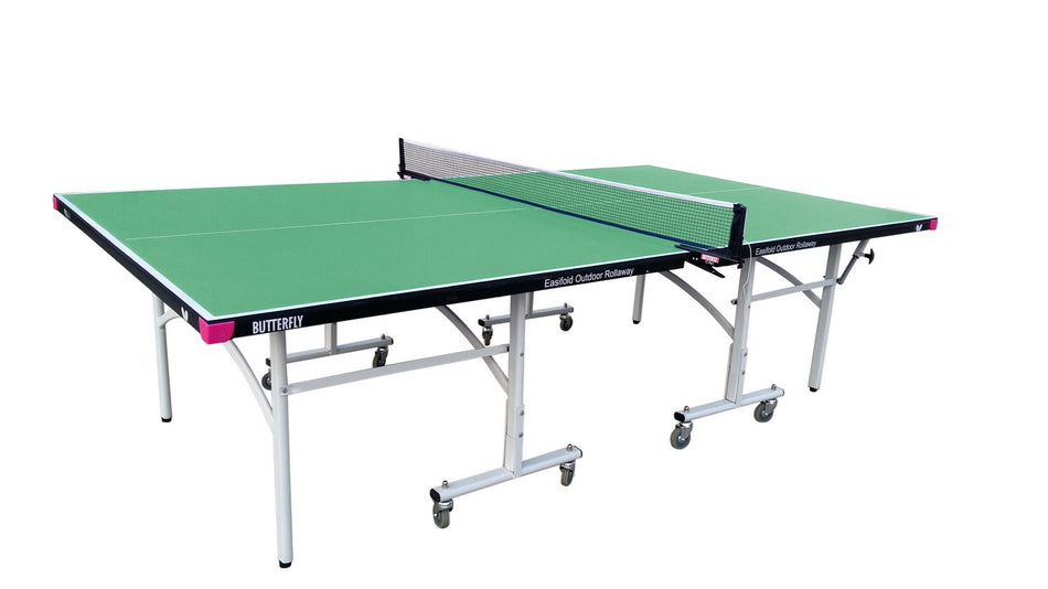 The Butterfly Easifold Outdoor Rollaway Table Tennis Table by Butterfly features a green surface and a white net, supported by a sturdy metal frame with wheels, shown against a white background.