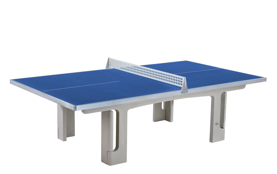 The Butterfly Park Polymer Concrete 45SQ Table Tennis Table by Butterfly is a blue outdoor table with sturdy gray legs and a metal net, designed for permanent use and shown against a white background.